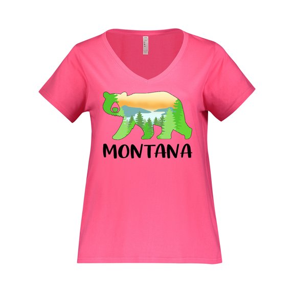 Inktastic Montana Lake and Trees in Bear Silhouette Women's Plus Size V-Neck T-Shirt