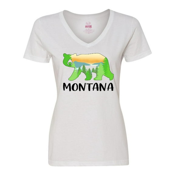 Inktastic Montana Lake and Trees in Bear Silhouette Women's V-Neck T-Shirt