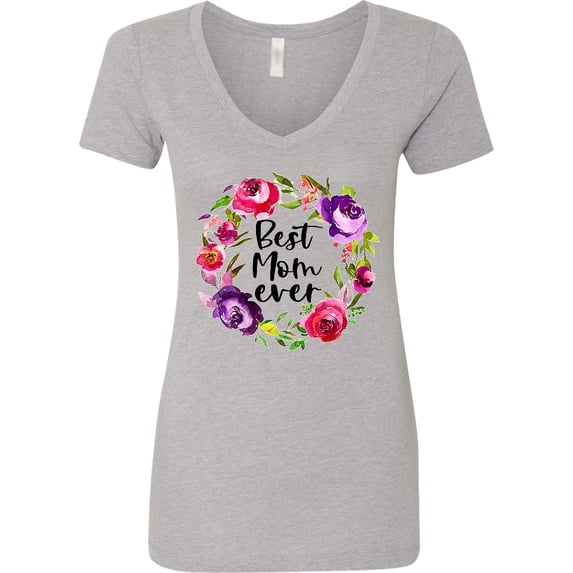 Inktastic Mother's Day Best Mom Ever with Floral Wreath Women's V-Neck T-Shirt