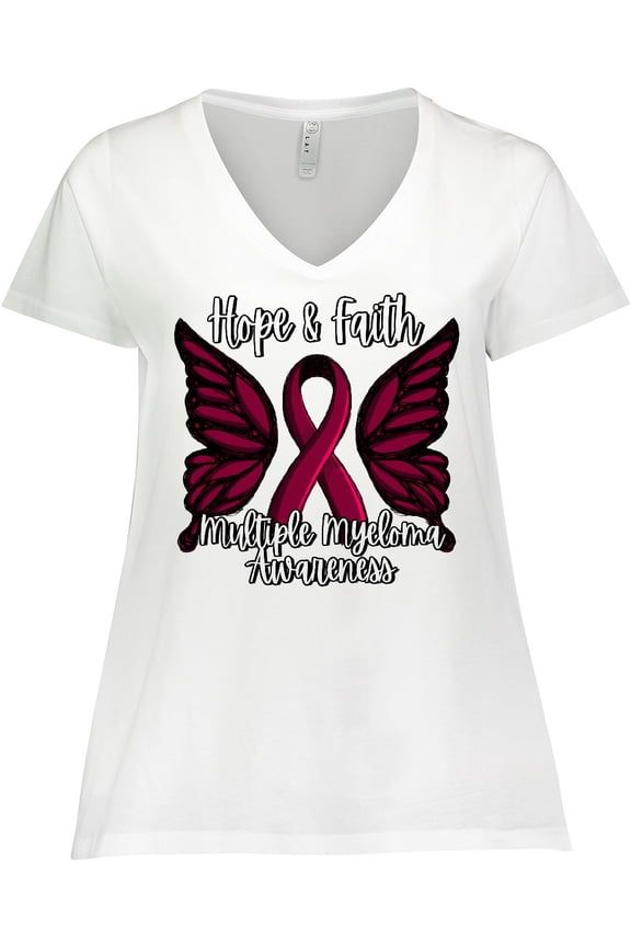 Multiple Myeloma Cancer Awareness Hope & Faith with Butterfly Ribbon Women's Plus Size V-Neck T-Shirt