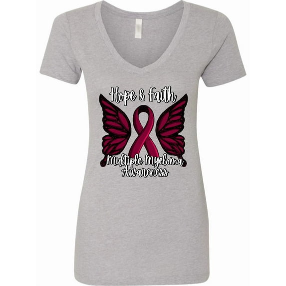 Inktastic Multiple Myeloma Cancer Awareness Hope & Faith with Butterfly Ribbon Women's V-Neck T-Shirt