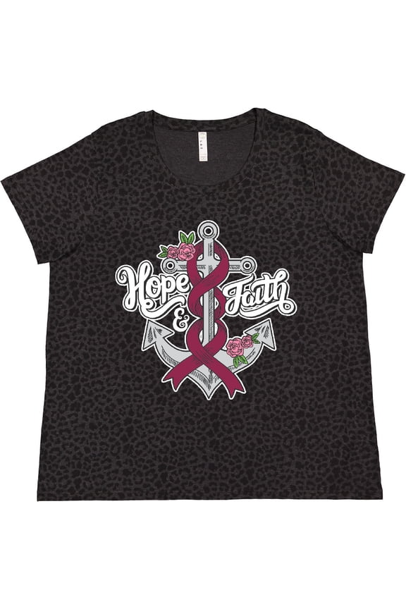 Multiple Myeloma Hope and Faith with Anchor Ribbon and Roses with White Outline Women's Plus Size T-Shirt