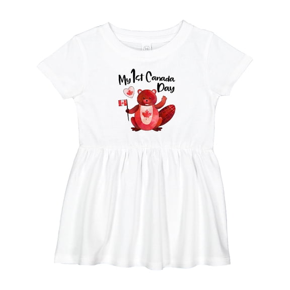 Inktastic My 1st Canada Day with Red and White Maple Leaves Girls Baby Dress