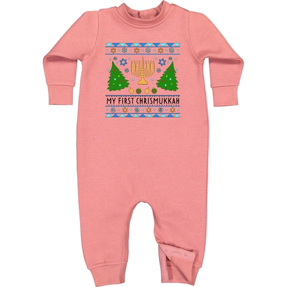 Inktastic My 1st Chrismukkah Sweater Style with Menorah and Trees Baby Fleece Romper