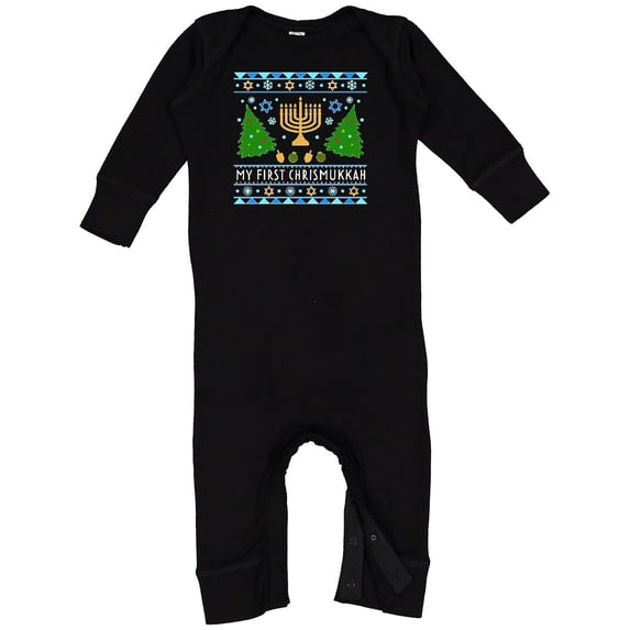 Inktastic My 1st Chrismukkah Sweater Style with Menorah and Trees Baby Romper Coveralls