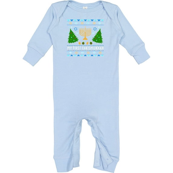 Inktastic My 1st Chrismukkah Sweater Style with Menorah and Trees Baby Romper Coveralls