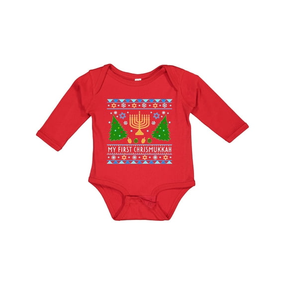 Inktastic My 1st Chrismukkah Sweater Style with Menorah and Trees Boys or Girls Long Sleeve Baby Bodysuit
