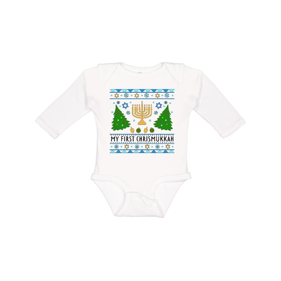 Inktastic My 1st Chrismukkah Sweater Style with Menorah and Trees Boys or Girls Long Sleeve Baby Bodysuit