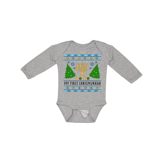 Inktastic My 1st Chrismukkah Sweater Style with Menorah and Trees Boys or Girls Long Sleeve Baby Bodysuit