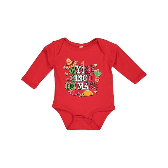 Inktastic My 1st Cinco De Mayo with Sombrero Red Chili Pepper Taco and Cactus Boys or Girls Long Sleeve Baby Bodysuit