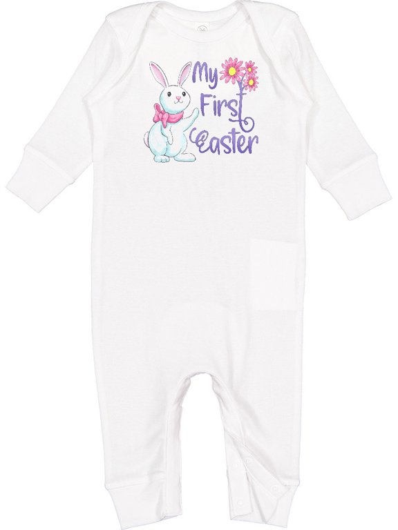 My 1st Easter Cute White Bunny with Spring Flowers Baby Romper Coveralls