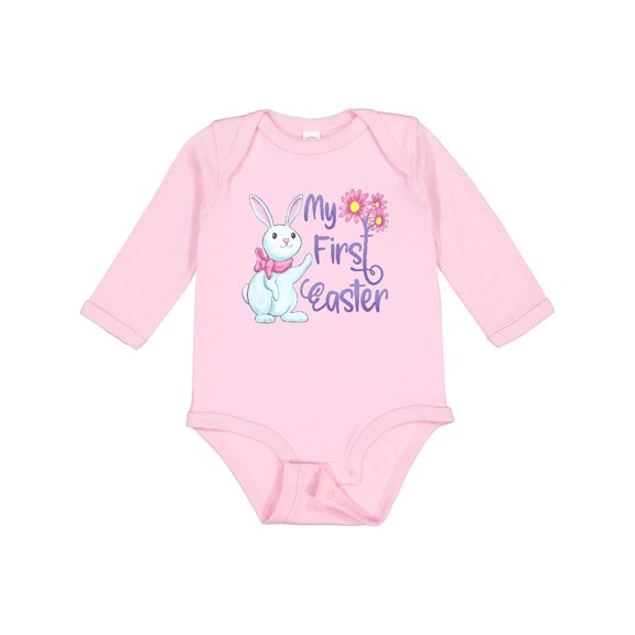 Inktastic My 1st Easter Cute White Bunny with Spring Flowers Boys or Girls Long Sleeve Baby Bodysuit