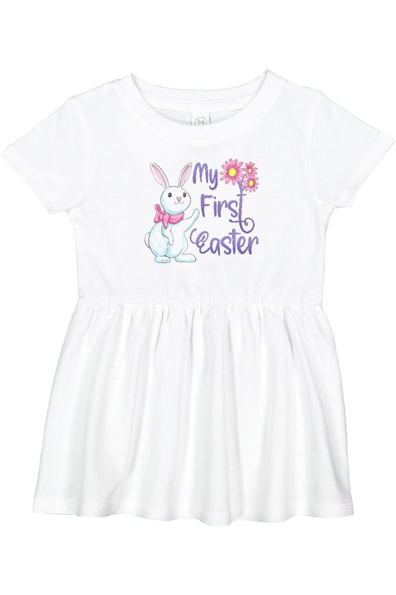 My 1st Easter Cute White Bunny with Spring Flowers Girls Baby Dress