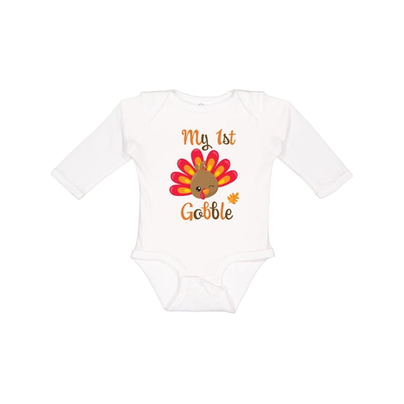 Inktastic My 1st Gobble with Turkey Face Boys or Girls Long Sleeve Baby Bodysuit