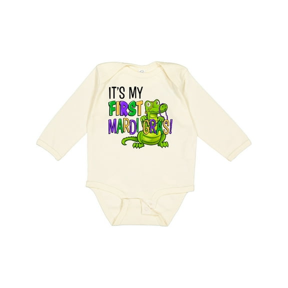 Inktastic My 1st Mardi Gras Cute Alligator with Beads Boys or Girls Long Sleeve Baby Bodysuit