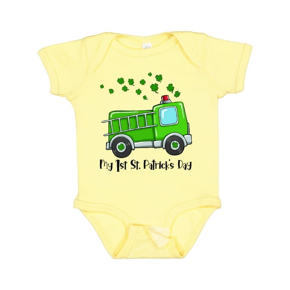 Inktastic My 1st St. Patrick's Day Green Fire Truck with Clovers Boys or Girls Baby Bodysuit