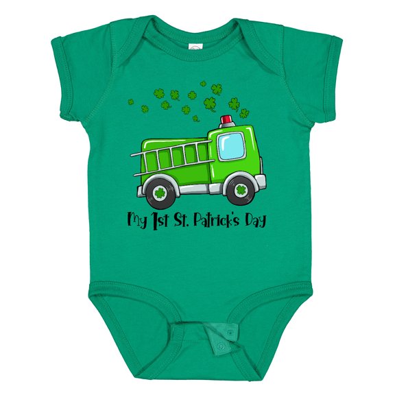 Inktastic My 1st St. Patrick's Day Green Fire Truck with Clovers Boys or Girls Baby Bodysuit