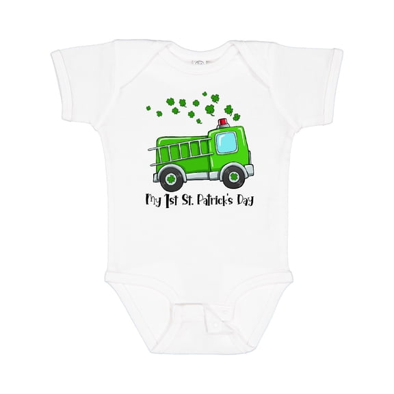 Inktastic My 1st St. Patrick's Day Green Fire Truck with Clovers Boys or Girls Baby Bodysuit