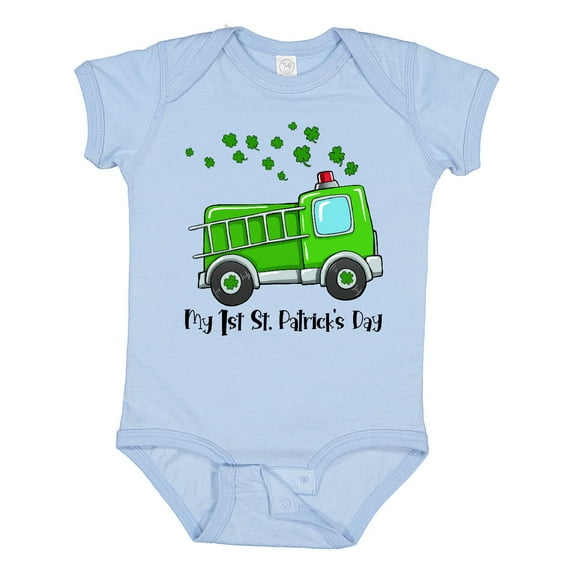 Inktastic My 1st St. Patrick's Day Green Fire Truck with Clovers Boys or Girls Baby Bodysuit
