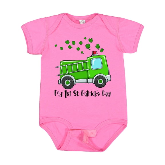 Inktastic My 1st St. Patrick's Day Green Fire Truck with Clovers Boys or Girls Baby Bodysuit