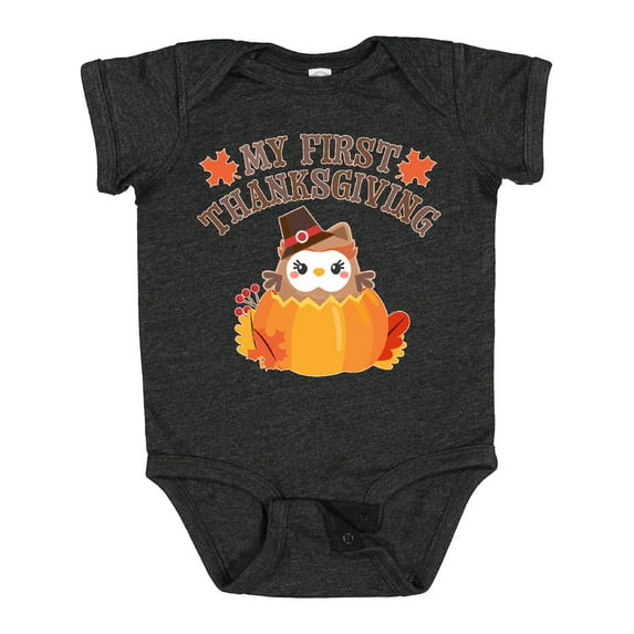 Inktastic My 1st Thanksgiving Cute Owl in Pumpkin Boys or Girls Baby Bodysuit