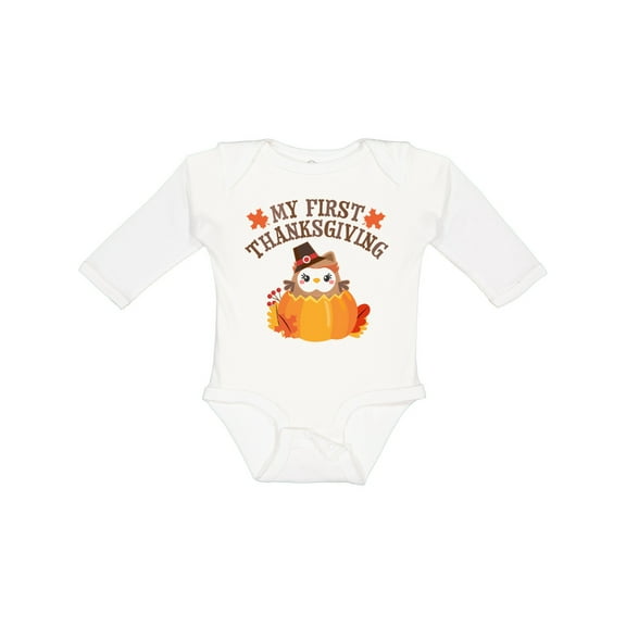 Inktastic My 1st Thanksgiving Cute Owl in Pumpkin Boys or Girls Long Sleeve Baby Bodysuit