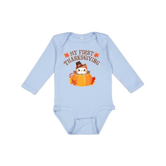 Inktastic My 1st Thanksgiving Cute Owl in Pumpkin Boys or Girls Long Sleeve Baby Bodysuit