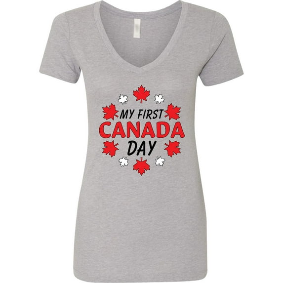 Inktastic My First Canada Day with Red and White Maple Leaves Women's V-Neck T-Shirt