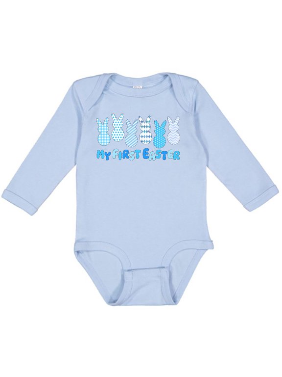 My First Easter Blue Easter Bunnies Boys or Girls Long Sleeve Baby Bodysuit