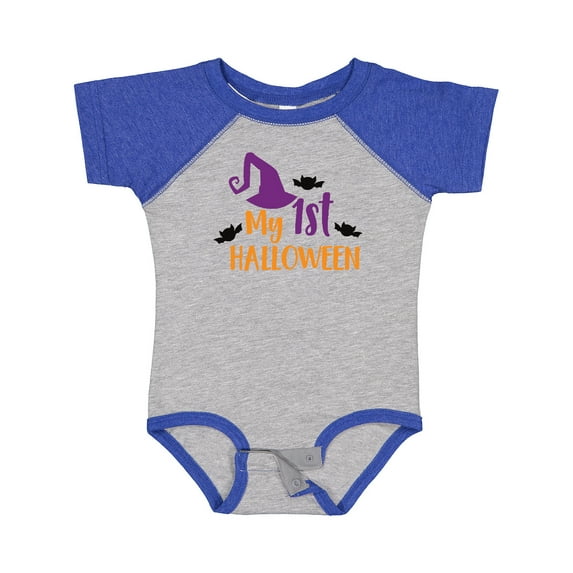 Inktastic My First Halloween, Witch Hat, Bats - Purple Black Boys or Girls Baby Bodysuit