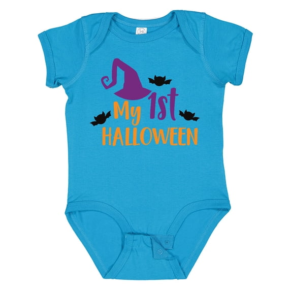 Inktastic My First Halloween, Witch Hat, Bats - Purple Black Boys or Girls Baby Bodysuit