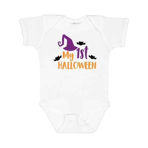 Inktastic My First Halloween, Witch Hat, Bats - Purple Black Boys or Girls Baby Bodysuit