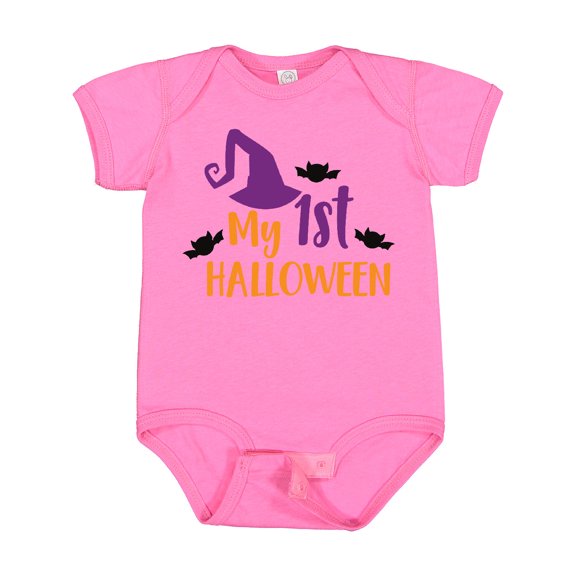 Inktastic My First Halloween, Witch Hat, Bats - Purple Black Boys or Girls Baby Bodysuit