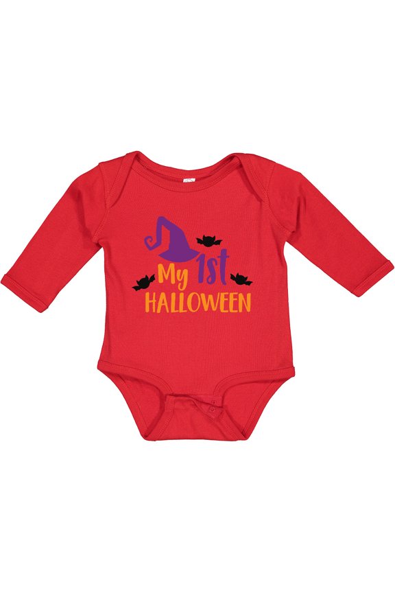 My First Halloween, Witch Hat, Bats - Purple Black Boys or Girls Long Sleeve Baby Bodysuit