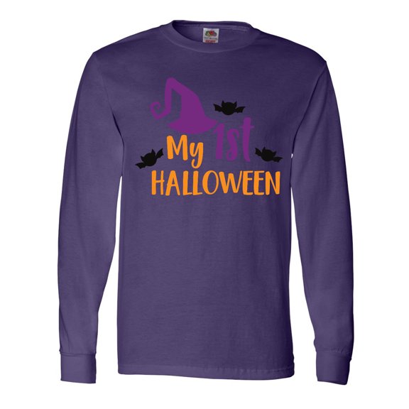 Inktastic My First Halloween, Witch Hat, Bats - Purple Black Long Sleeve T-Shirt