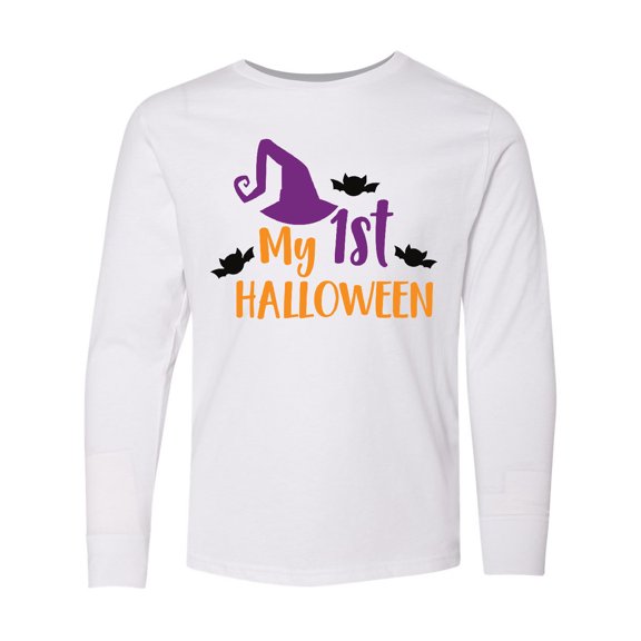 Inktastic My First Halloween, Witch Hat, Bats - Purple Black Long Sleeve Youth T-Shirt