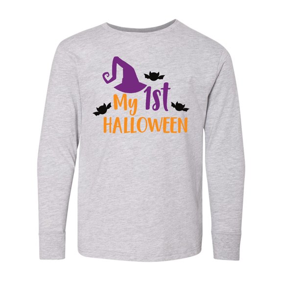 Inktastic My First Halloween, Witch Hat, Bats - Purple Black Long Sleeve Youth T-Shirt