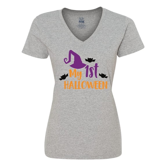 Inktastic My First Halloween, Witch Hat, Bats - Purple Black Women's V-Neck T-Shirt