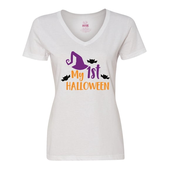 Inktastic My First Halloween, Witch Hat, Bats - Purple Black Women's V-Neck T-Shirt