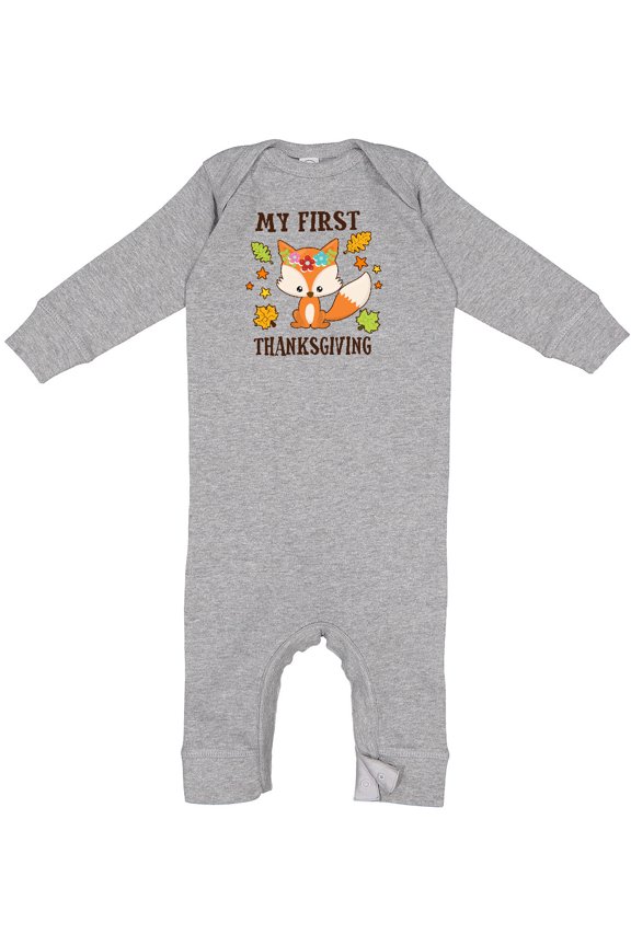 My First Thanksgiving with Fall Fox and Leaves Baby Romper Coveralls