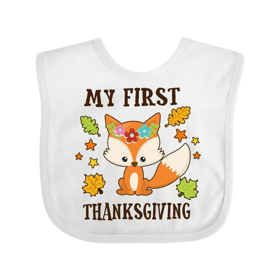 Inktastic My First Thanksgiving with Fall Fox and Leaves Boys or Girls Baby Bib