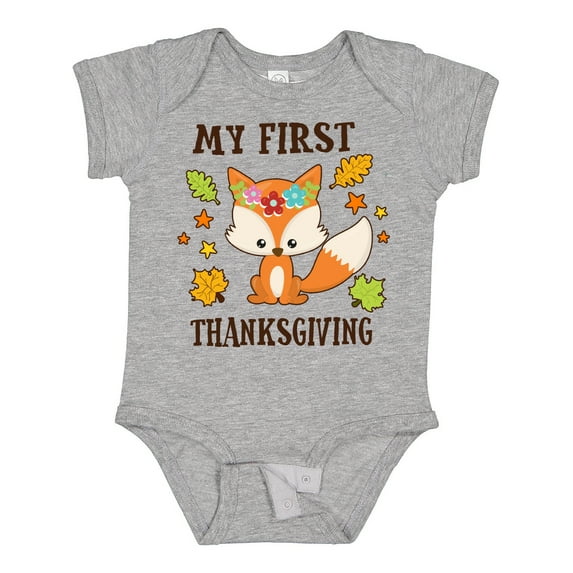 Inktastic My First Thanksgiving with Fall Fox and Leaves Boys or Girls Baby Bodysuit