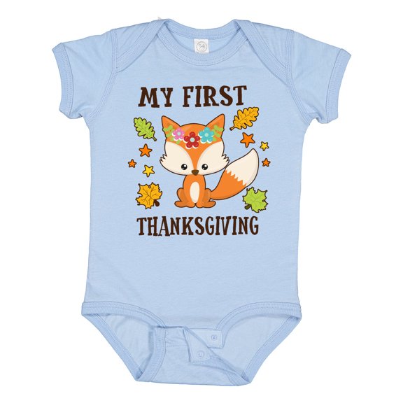 Inktastic My First Thanksgiving with Fall Fox and Leaves Boys or Girls Baby Bodysuit