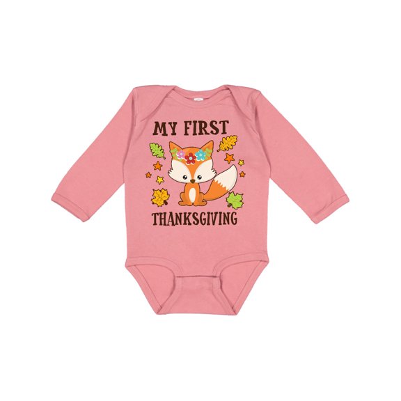 Inktastic My First Thanksgiving with Fall Fox and Leaves Boys or Girls Long Sleeve Baby Bodysuit