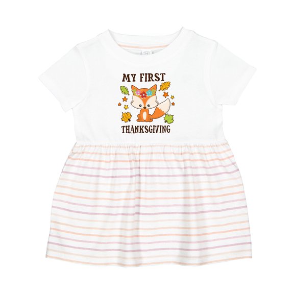 Inktastic My First Thanksgiving with Fall Fox and Leaves Girls Baby Dress