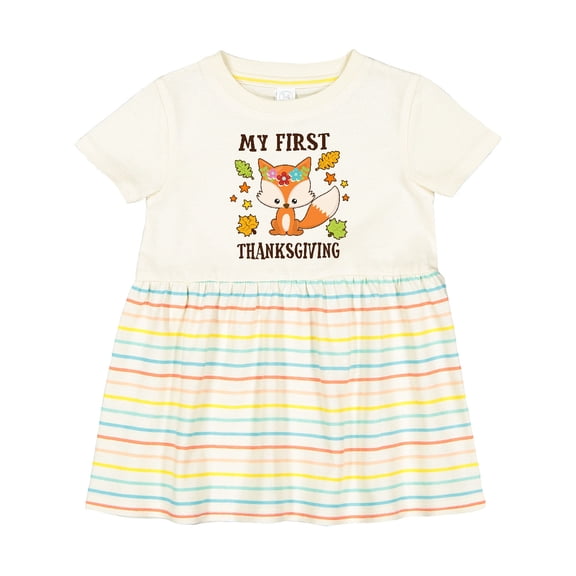 Inktastic My First Thanksgiving with Fall Fox and Leaves Girls Baby Dress