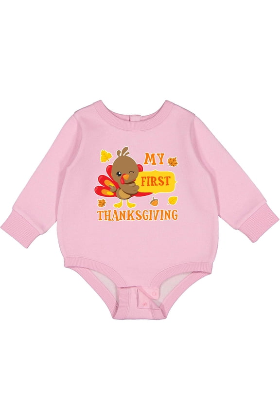 My First Thanksgiving with Turkey and Leaves Baby Fleece Bodysuit