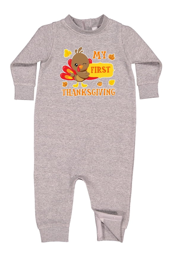 My First Thanksgiving with Turkey and Leaves Baby Fleece Romper