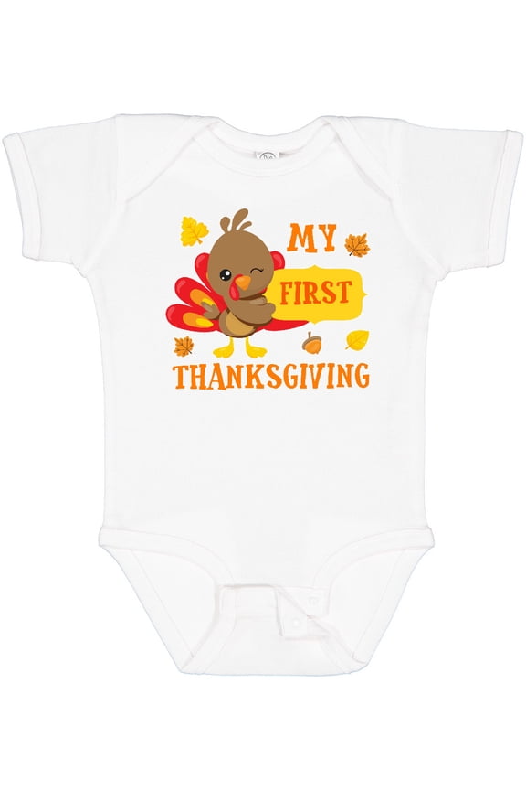 My First Thanksgiving with Turkey and Leaves Boys or Girls Baby Bodysuit