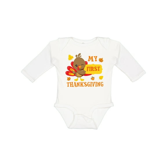 Inktastic My First Thanksgiving with Turkey and Leaves Boys or Girls Long Sleeve Baby Bodysuit